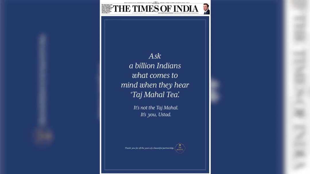 Taj Mahal Tea pays tribute to Zakir Hussain via a TOI print ad