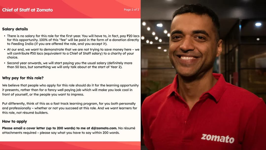 Zomato founder wants Chief of Staff: No salary, pay Rs 20 lakh instead