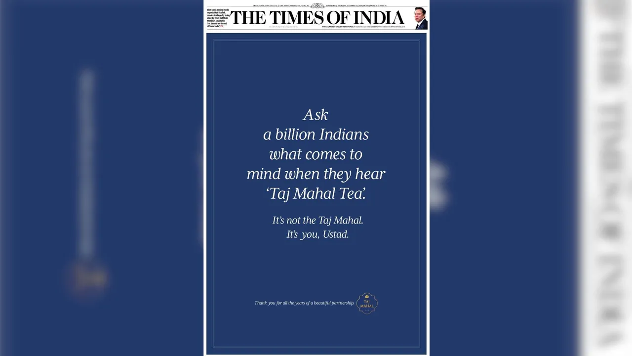 Taj Mahal Tea pays tribute to Zakir Hussain via a TOI print ad